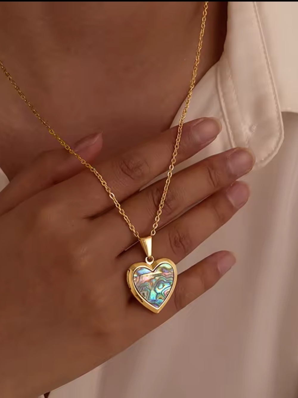 18k Gold Plated Heart Faux Abalone Locket Pendant Necklace Stainless Steel